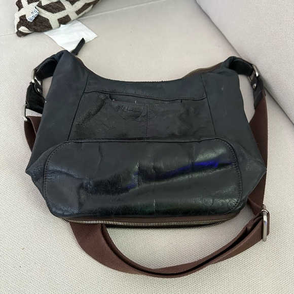 HOBO BLACK LEATHER VINTAGE CROSSBODY BROWN CANVAS STRAP